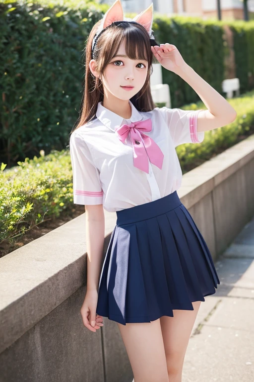 Cute Girls､high school girl､uniform､Ultra mini skirt､See-through､Fluttering in the wind､Pink cat ears､sit