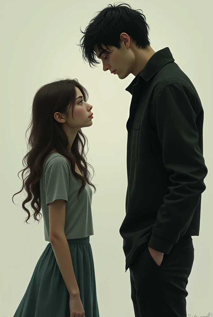 1,65 a dark brown with long wavy hair without bangs, skinny girl looking ahead confused, while next to a boy 2.04 high, stark, black hair and green eyes look at her. both adults