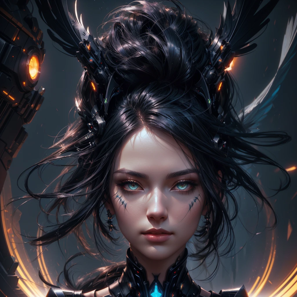 raven style hairs, Mechanical raven head with hairs, sci-fi, a close up of a woman - sci-FI queen of the raven with a sci fiorer on her face, Mechanical raven IN HAIRS, glowing light feathers in hairs, fiol glowing eyes, hd , cinematic, cinematic light, dinamic, rossdraws portrait, fantasy concept art portrait, wojtek fus, rossdraws 2. 0, rossdraws 1. 0, rossdraws digital painting, epic fantasy digital art style, cgsociety portrait, rossdraws global illumination, :: rossdraws, alexandra fomina artstation