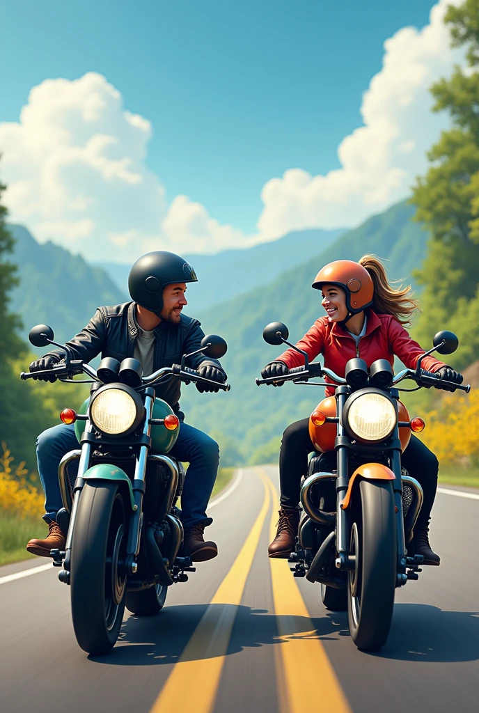 I want to create an image that represents motorcycle trips on the road crossing another person with a motorcycle greeting each other as motorcyclists. 