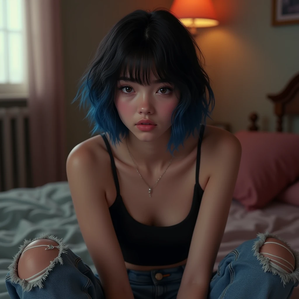 a 16 year old girl with short black hair, blue highlight in hair, wearing tank top and ripped jeans, sitting on bed in 80s style room, beautiful detailed eyes, beautiful detailed lips, extremely detailed face, long eyelashes, melancholy expression, warm lighting, cinematic composition, Photorealistic style, vibrant colors, film grain, 8k, high quality, photorealistic