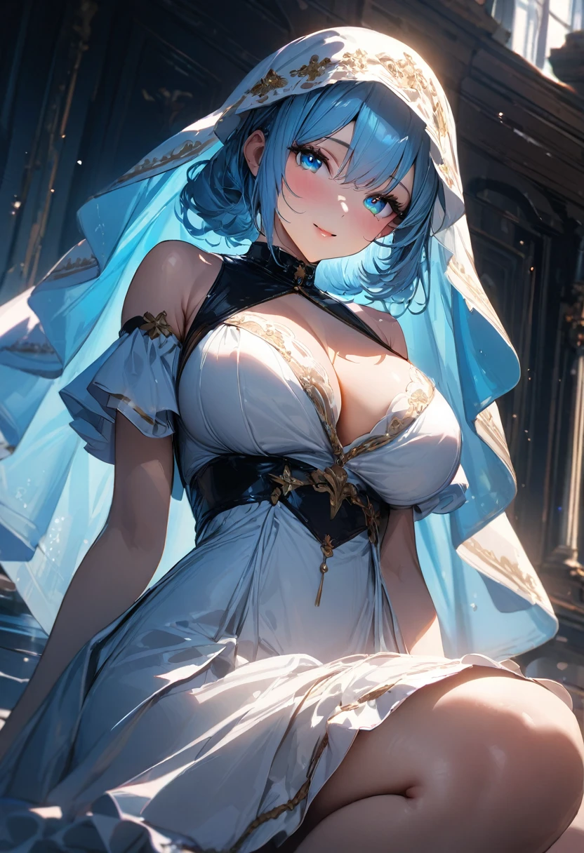 (masterpiece),(best quality),(ultra-detailed),(best illustration),(best shadow),(absurdres),(detailed background),(very aesthetic), chies,one-girl,long light blue hair,Blue pupils,white_veil,Split Sister Dress, white dress, ssmile,Half open eyeeautiful skins,Glowing skin,(Big_chest),moody light,and the sun was shining brightly,8k,hyper-detailing,tmasterpiece, (())