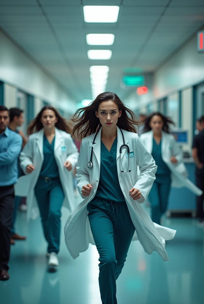 3 Female doctors with dark brown hair dressed in lab coats running in the hospital hallways heading to the operating room