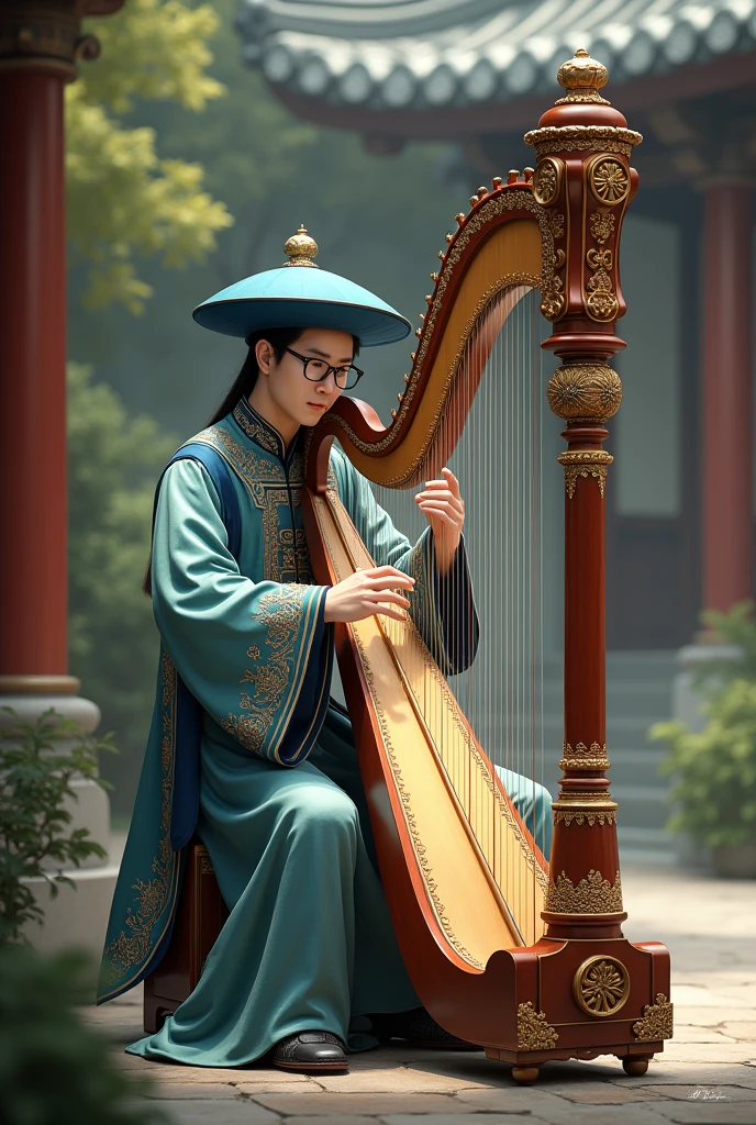 Harpist man in Chinese costume long round blue hat dark round glasses