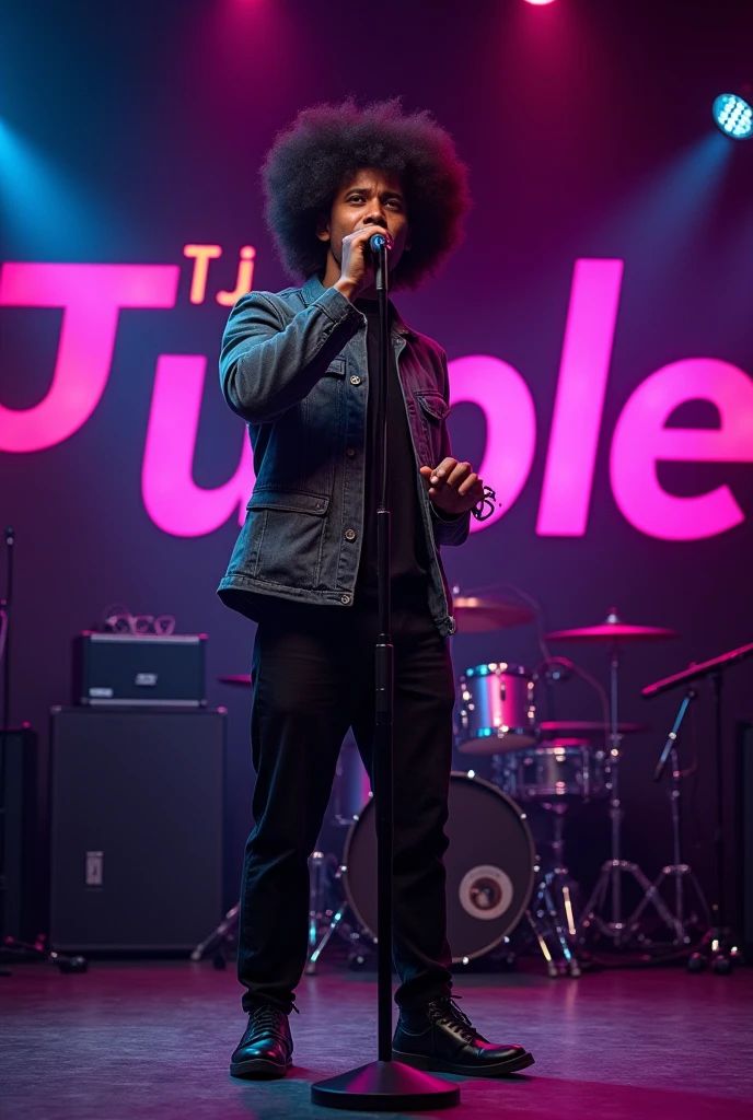Afro male singing on a mic in a music studio with the word Tj Purple boldly written on the Background
