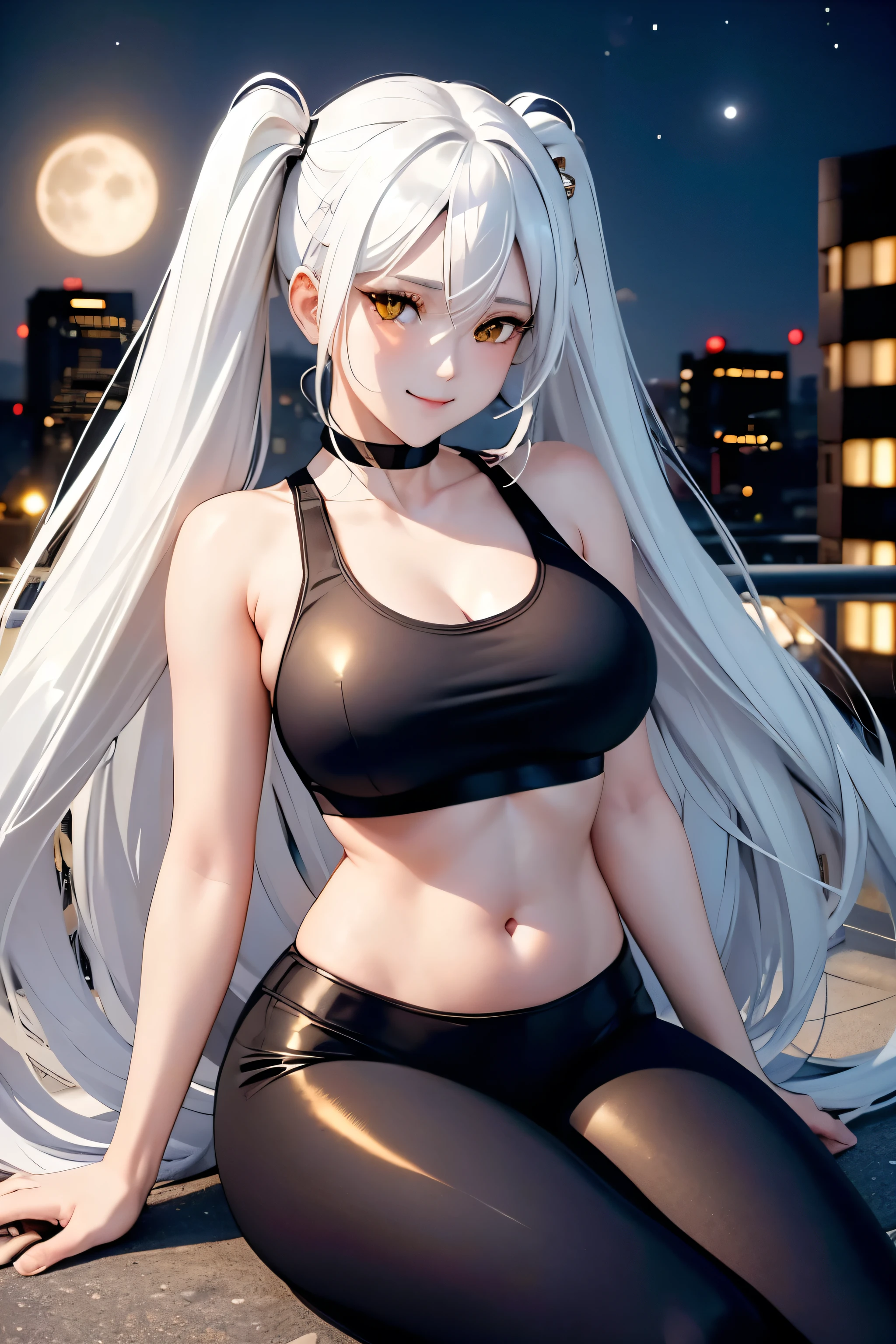 Woman, White Hair, (Golden Eyes:1.2), Twin Tails, Large Chest, Black Leggings, White Sports Bra, on Rooftop, Sitting on Low Wall, Full Moon, Coy Smile