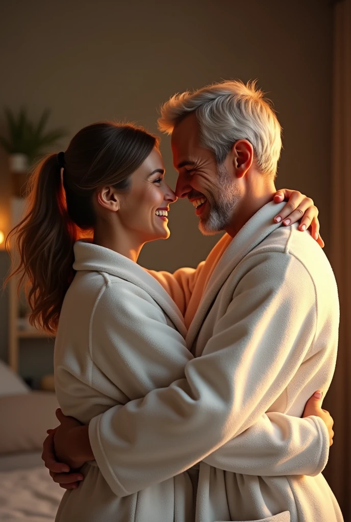 Create as realistically as possible a man in a bathrobe next to his wife also in a bathrobe celebrating with hugs 