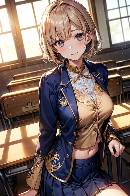 high quality, Hyper-realistic portraits。
(Big eyes、Gentle features、Natural smile)、((Asymmetrical Short Hair:1.8、light brown))、(Mid-chest)、Light skin tone、Healthy and smooth skin、((Navy Blue Blazer:1.8))、(White long sleeve blouse:1.4、Lace collar、Gold Button、School emblem on breast pocket、Navy and white checked pleated skirt:1.5)、Simple silver earrings、Slim wristwatch、 Black Loafers、((In the background is a classroom equipped with advanced digital screens..:1.3))。(Open clothes:1.6)、(Flip up your shirt to show your nipples:1.5、areola only:1.4)、(belly button:1.3)、(Total、Totalを表示:1.4)、
(Overnight stay:1.3)、(Spread your legs:1.3)、
(In the classroom、after school、indoor:1.3)、
(Backlight:1.3)、(Dutch Angle:1.3)、