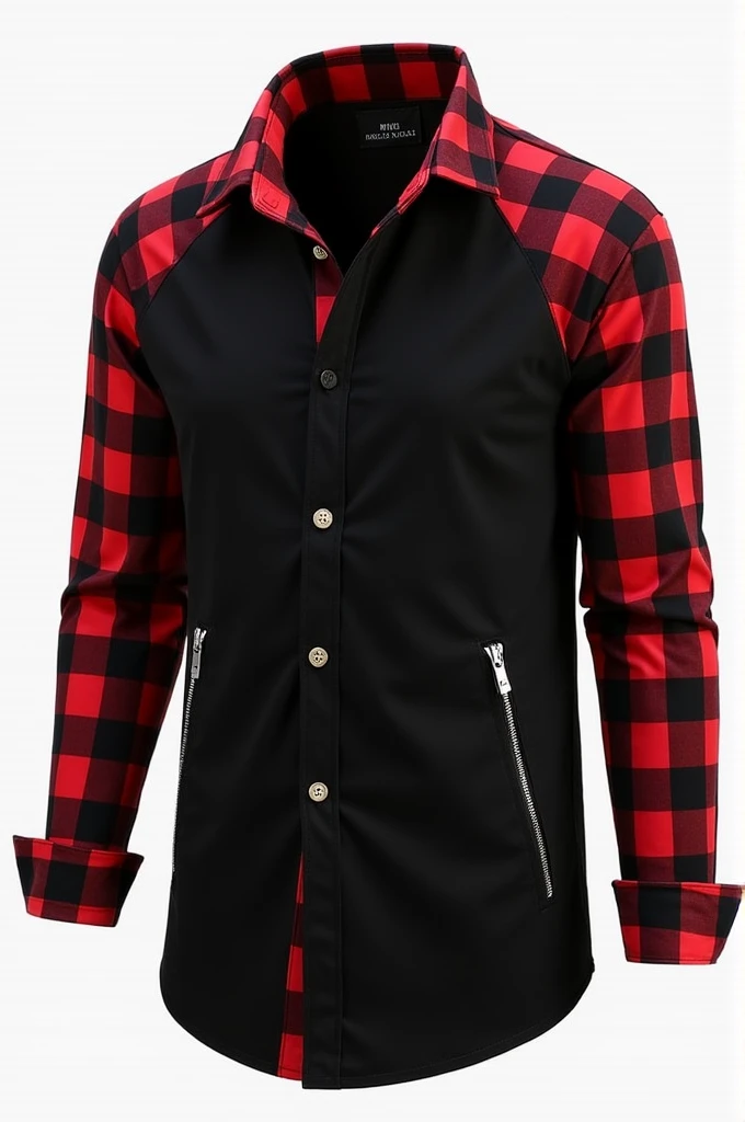 Raglan social shirt, with zipper on top, buttons on the body in the center, open bottom without zipper or buttons, with black shirt body, with long sleeves black and red plaid all over, small beginning of the all black folded sleeve, bottom of the red and black checkered shirt, large red and black plaid collar, two zippered pockets, One on Each Side, men's fashion