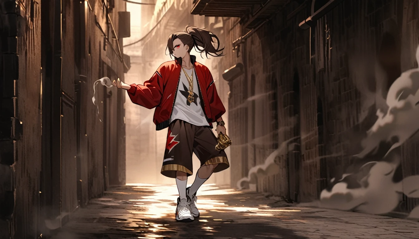 Solitary, Handsome, 1 male, Dark brown long hair ponytail, Side shaved hair，Red Eye, hip hop wear，White top，Red loose baseball jacket, Light brown loose knee shorts，white stockings，white sneakers，Wearing a gold watch on the left hand，Wear a gold necklace, Sharp eyes，Dark Alley Background，smoke surround，