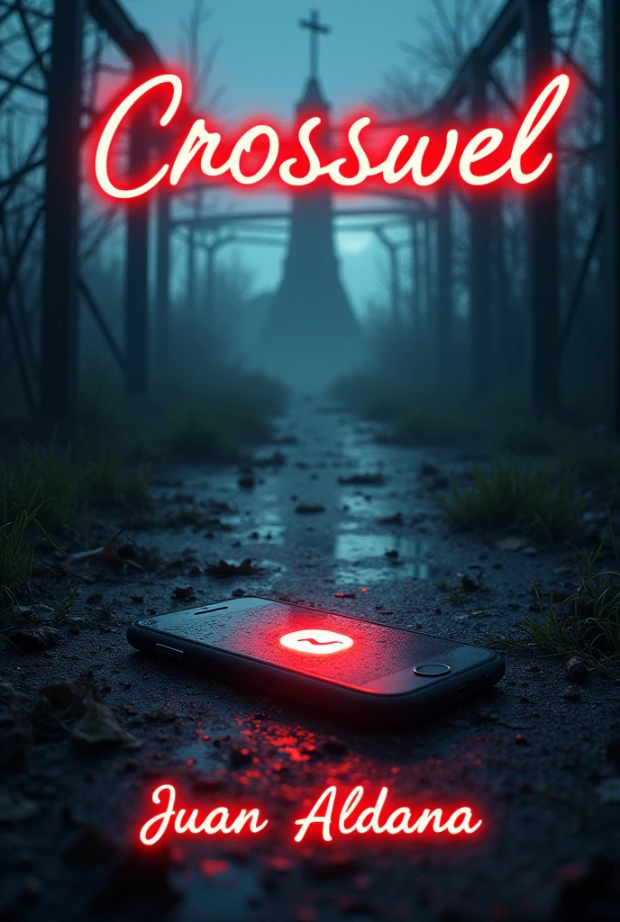 A book cover.

It will be an abandoned amusement park, The atmosphere will be dark and gloomy.

On the ground you will find a phone lying on the ground. It will be turned on and will show the logo of an application that consists of a red letter C..

At the top of the cover will be the name of the book that is: Crosswel. It will be written in neon red letters and in cursive..

At the bottom will be the title of the author who is: Juan Aldana. Written with the same letters as the title.