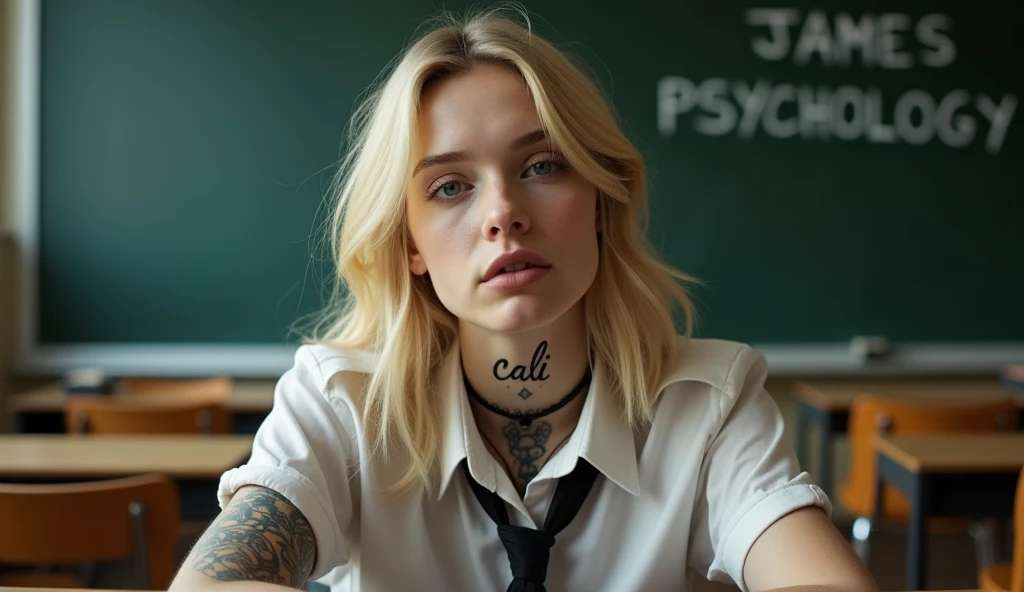 Actress Ellen Fanning sits in what appears to be a classroom setting. He has long blond hair and wears a shirt with a tie., which adds a formal yet youthful touch to your appearance. His gaze is directed towards the viewer, with a calm and introspective expression, that together with his slightly parted lips, adds to your contemplative attitude. His most notable features include the tattoo visible on his neck, what does it say "cali" in a delicate handwriting, and another intricate tattoo on his arm, which suggests a mix of elegance and nervousness in his character. the bottom, although slightly blurry, clearly shows traditional classroom elements, like desks and blackboards that are written "JAMES PSYCHOLOGY", that contrast with its modern and somewhat rebellious aesthetic. This juxtaposition evokes a sense of individuality and defiance compared to conventional environments.