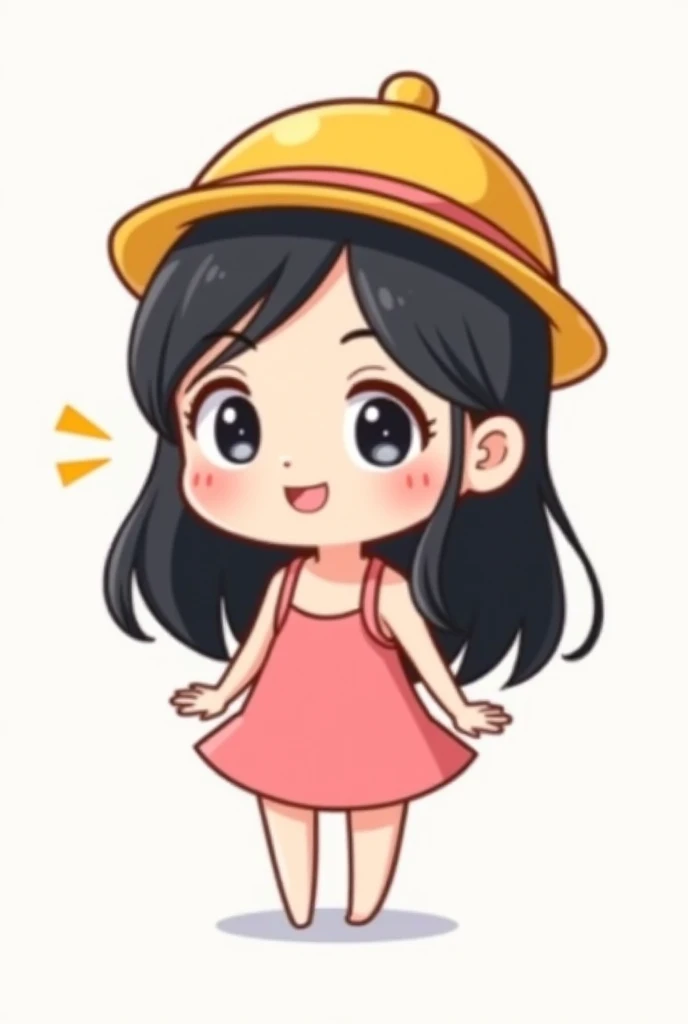 Photo Drawing of a Vietnamese girl in chibi cartoon style, cute, Te Ha My, pink dress, 2 straps, white skin, black hair, yellow hat, red cheeks, 3 slashes
