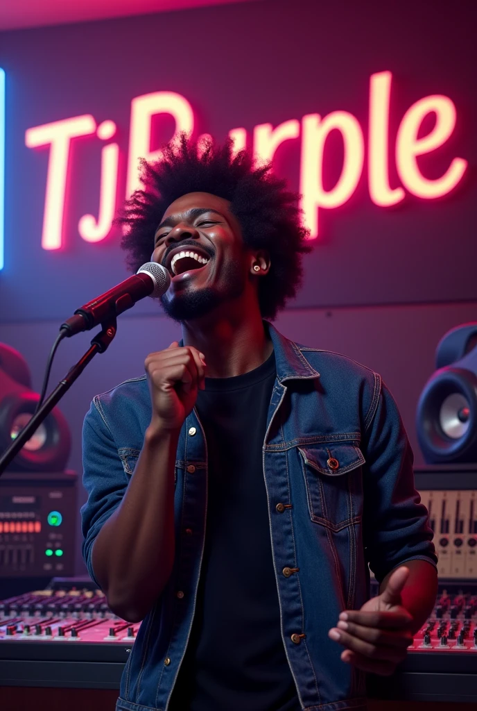 Afro male singing on a mic in a music studio with the word Tj Purple boldly written on the Background