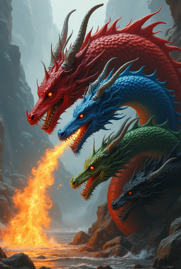A tiamat dragon with five heads, one of each color, D&D style Hyperrealistic, splash art, concept art, mid shot, intricately detailed. Red head in the middle, Blue head,Green head, White head, black head, black head. The dragon must be breathing fire from all his five heads Dnd dragon
5 head dragon, side view