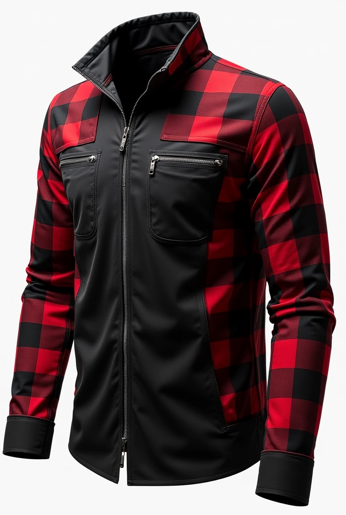 Raglan social shirt, with zipper on top, buttons on the body in the center, open bottom without zipper or buttons, with black shirt body, with long sleeves black and red plaid all over, small beginning of the all black folded sleeve, bottom of the red and black checkered shirt, large red and black plaid collar, two zippered pockets, One on Each Side, men's fashion