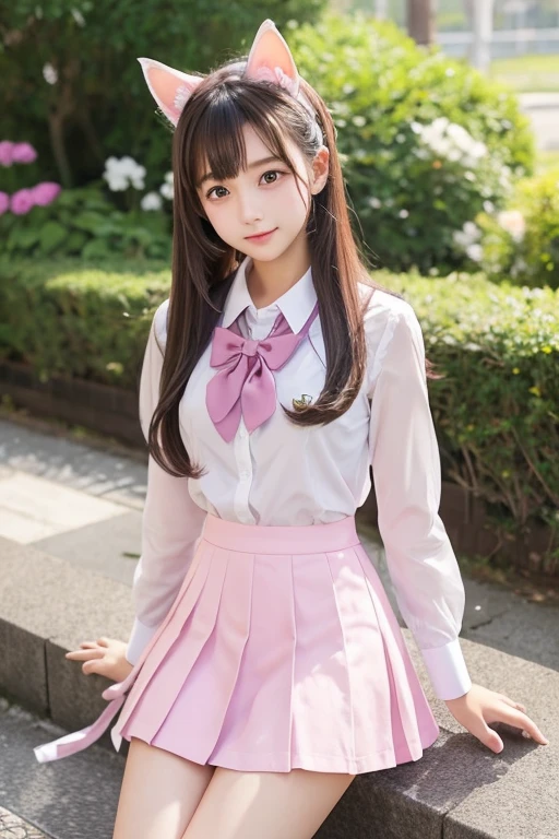 Cute Girls、high school girl、uniform、Ultra mini skirt、See-through、Fluttering in the wind、Pink cat ears、sit