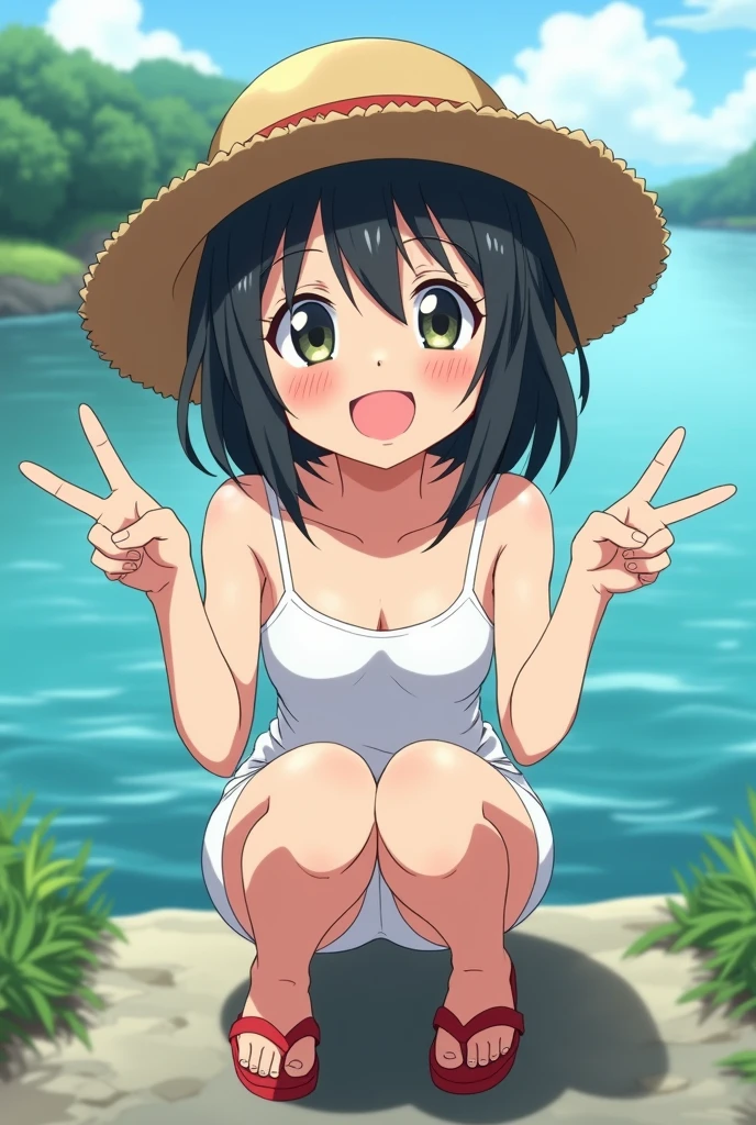 (((masterpiece))), Highest quality,Visual image of the anime, Perfect Anatomy, One girl, Lori, (cute), boyish, Black Hair, Berry Short, (Sunburn), (Swimsuit marks), white one-piece dress ,Straw hat, Red sandals, squat,smile, Summer sky, River side, Japanese countryside, Cinema Lighting, Beautiful attention to detail,sunlight, Composition from the front, Top View, Peace sign with both hands