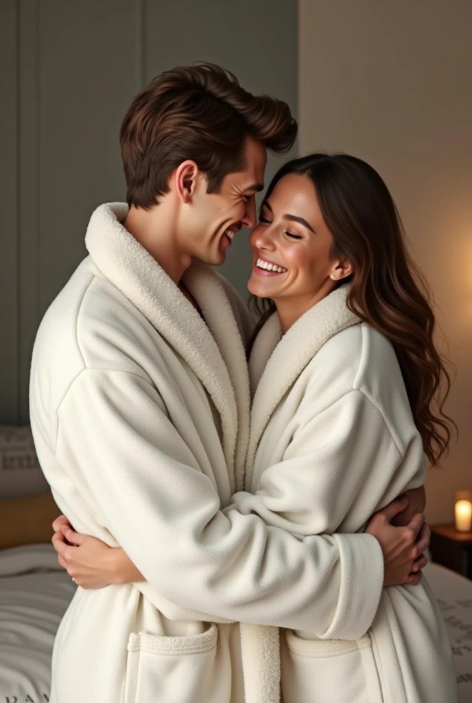 Create as realistically as possible a young man in a bathrobe next to his wife also in a bathrobe celebrating with hugs 