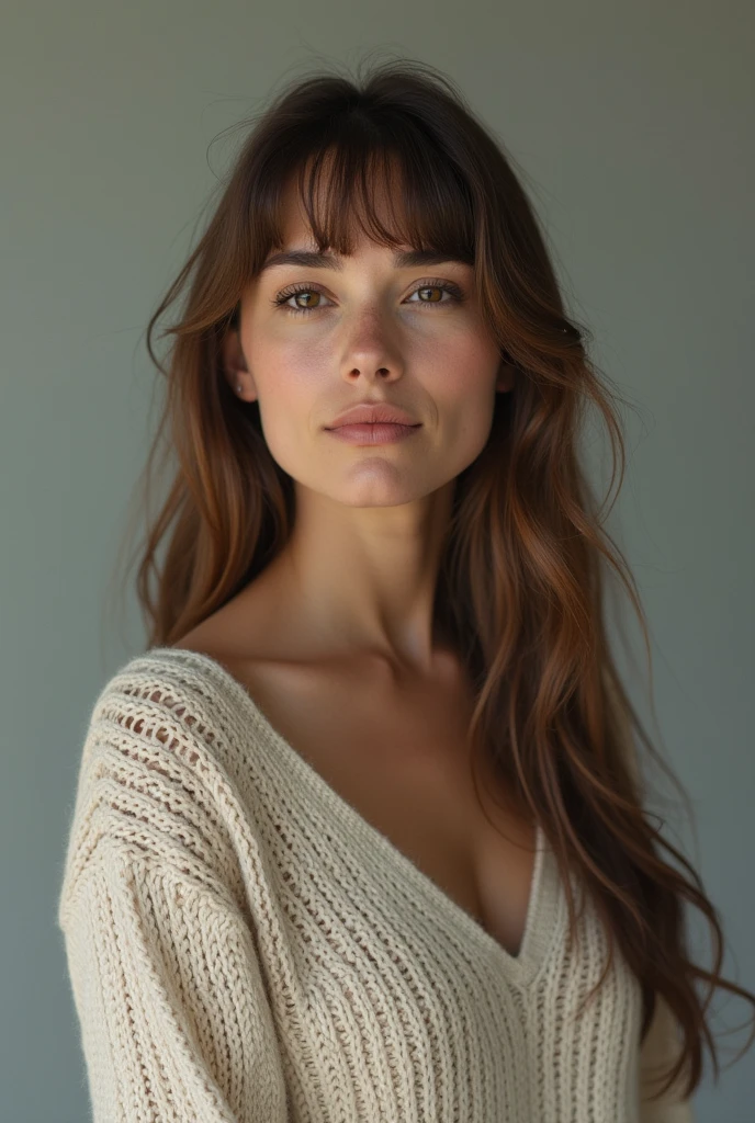 masuter piece, top-quality, masterpiece, hight resolution, Photorealsitic, Raw photography, 8k wallpaper, flawless, profetional lighting, ighly detailed, depth of fields,Pale solid color background, ((One beautiful woman)), ((45 yers old)), Female sexy, Detailed face, beautidful eyes, bangss, small breasts of good shape, Light Brown Straight Hair, Faint lips, ((Stand facing forward and look into the viewer's eyes with a serious face.)),Sweaters, skirt by the, Feet out of frame