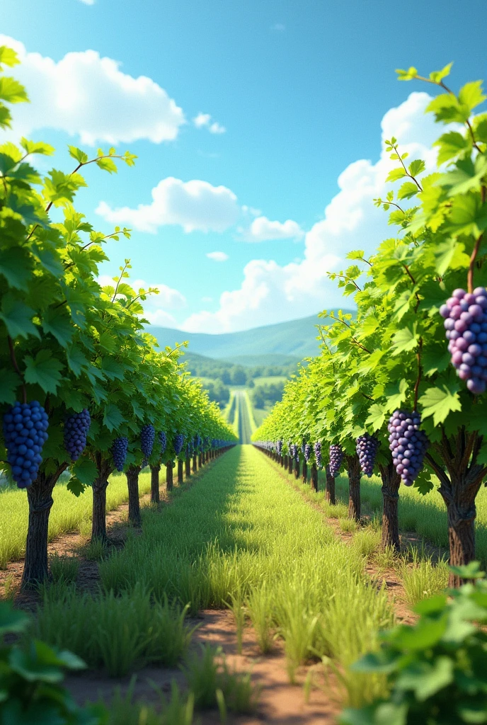 Create a vineyard that has new branches and grapes
