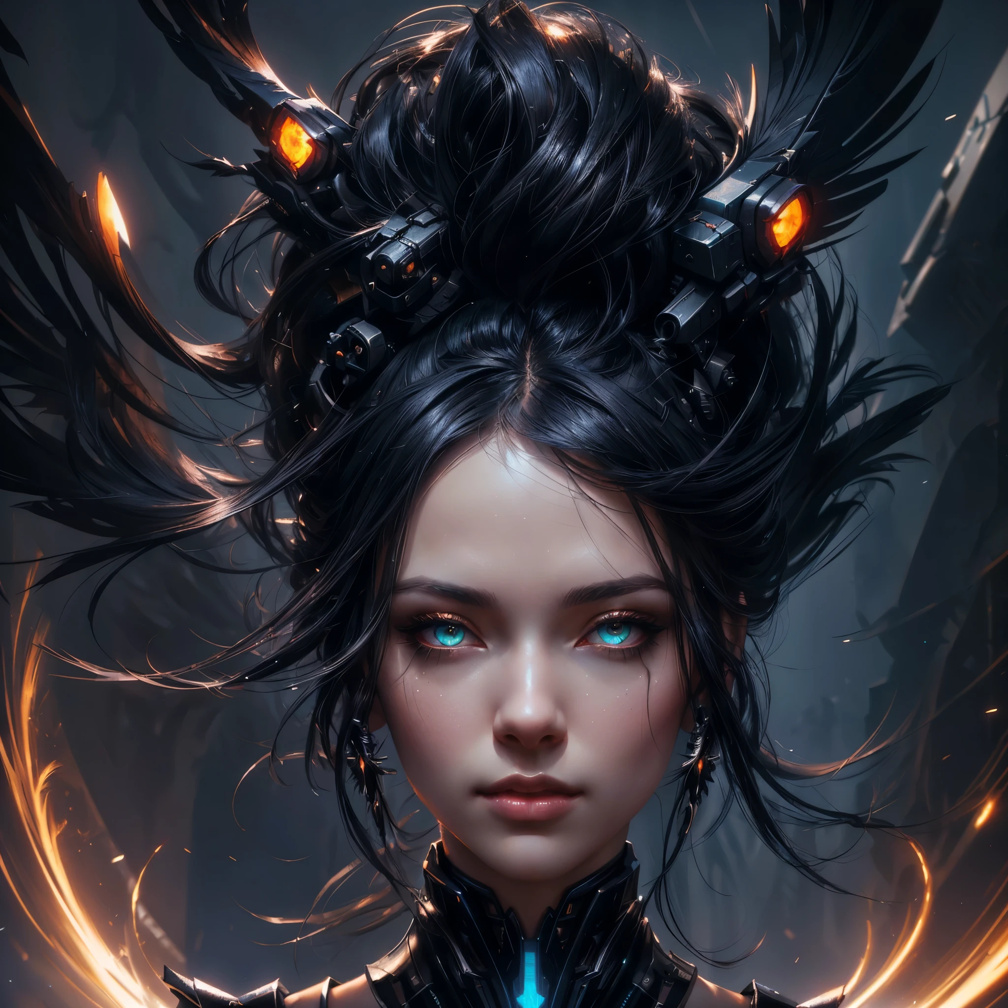 raven style hairs, Mechanical raven head with hairs, sci-fi, a close up of a woman - sci-FI queen of the raven with a sci fiorer on her face, Mechanical raven IN HAIRS, glowing light feathers in hairs, fiol glowing eyes, hd , cinematic, cinematic light, dinamic, rossdraws portrait, fantasy concept art portrait, wojtek fus, rossdraws 2. 0, rossdraws 1. 0, rossdraws digital painting, epic fantasy digital art style, cgsociety portrait, rossdraws global illumination, :: rossdraws, alexandra fomina artstation
