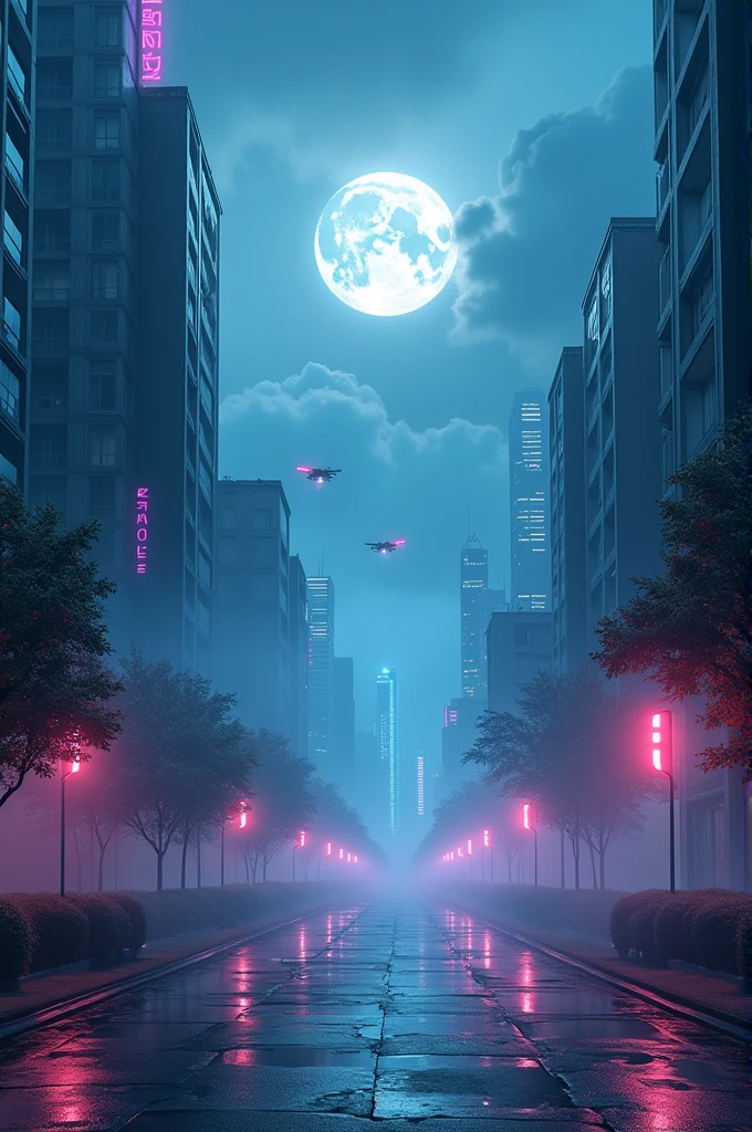 Imagine a futuristic landscape full of neon and mystery. The setting is an advanced city, with geometrically shaped skyscrapers and neon accents shining in colors like blue, purple and green. The streets are deserted, shrouded in a soft mist that reflects the colored lights, creating an ethereal and enigmatic effect.

No fundo, a huge full moon dominates the sky, partially covered by thin, dark clouds that appear almost translucent. The moon emits a silvery light that blends with the neon colors, creating a contrast between the natural and the artificial. Small drones or hovercraft can be seen hovering in the atmosphere, reinforcing the futuristic environment.

The horizon is mysterious, with lights flashing in the distance, suggesting life and technology, but keeping an air of secrecy. The image should convey a sense of intrigue and beauty., with the moon and clouds adding a touch of mystery to the vibrant cityscape.