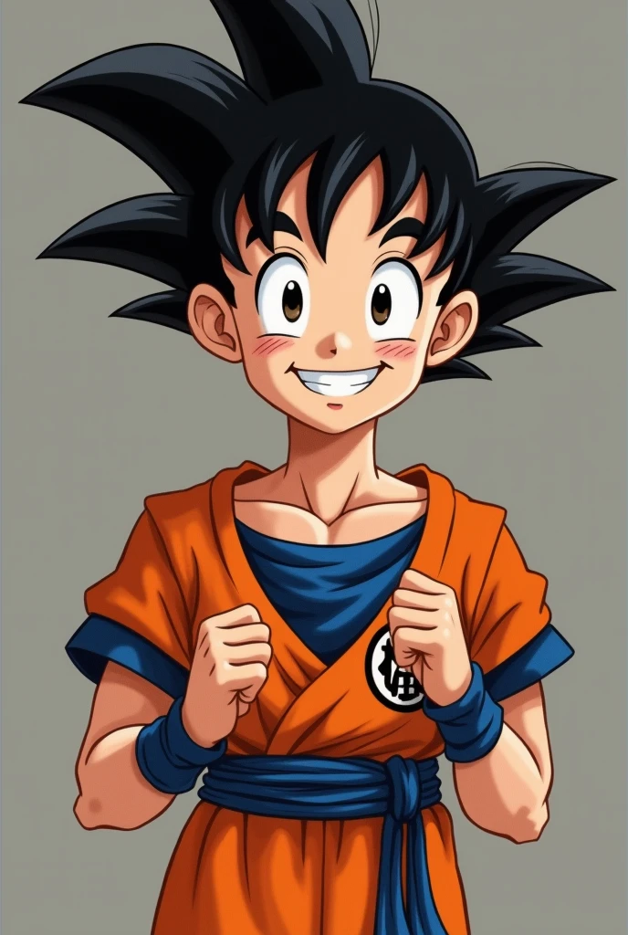 a photo of an adult with a pleasant aura a nice smile without wrinkles white color , straight black hair, Brown eyes and a good body but no tattoos, tall and happy with clothes that are nice to look at. The boy is holding a shirt with a Goku print, very happy.