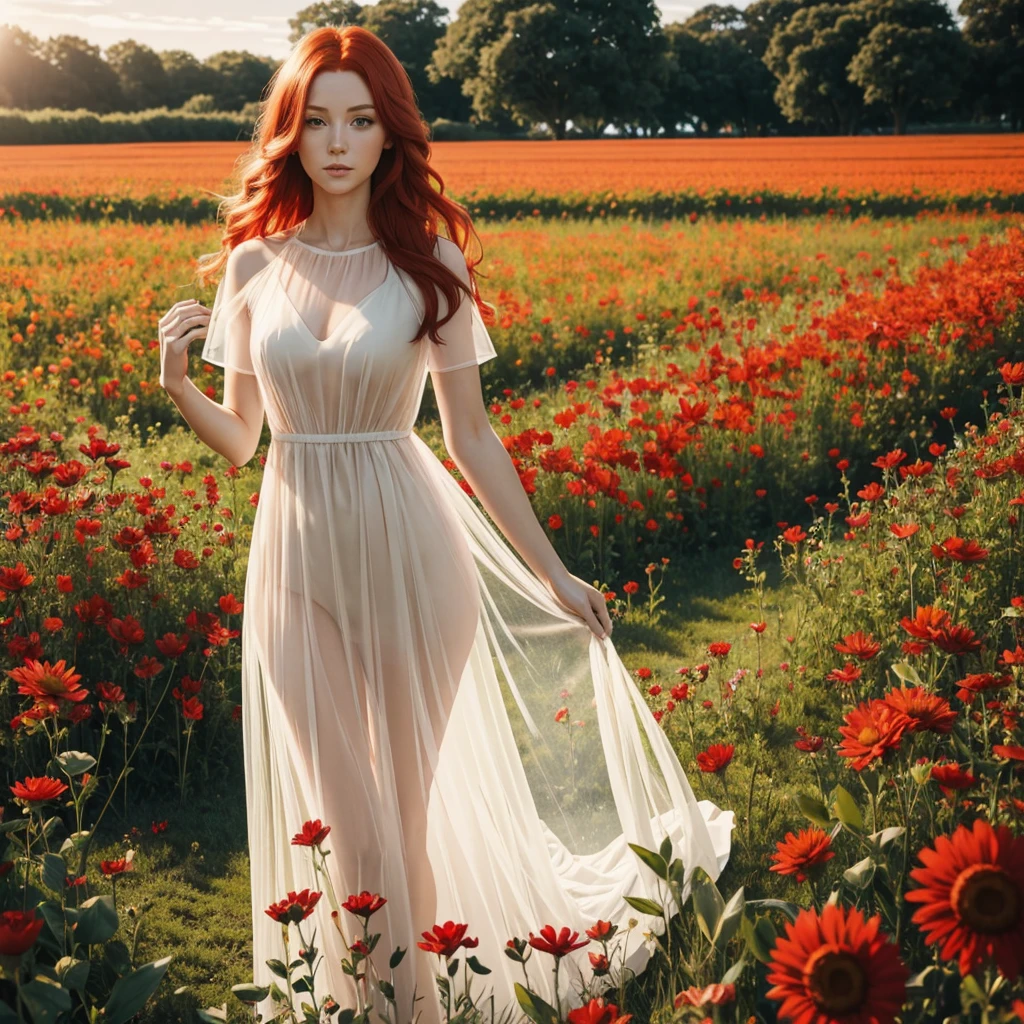 Tall red-haired woman in a flower field wearing a transparent dress