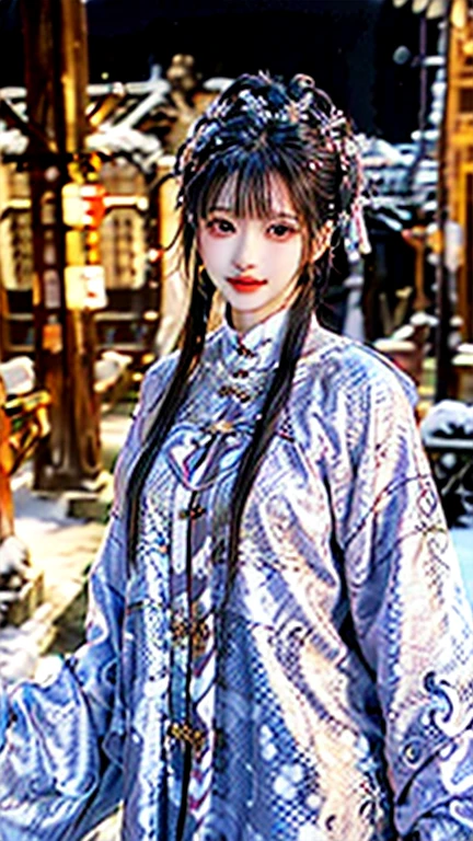 (1 girl, youthful gorgeous Chinese Lady,  brown_eyes, brown_hair, coat, cross_earrings, earrings, fur, fur trimmed_coat, fur_collar, fur_scarf, fur_trim, jewelry, winter_clothes, ancient China, Traditional Hanfu, Pink Hanfu, Hanfu,

Detailed Facial Features, dimples, Kind smile, Red lips, short hair, bob hair, cute ponytail, upper_body, extremely detailed eyes, extremely detailed face, beautiful detailed lips, long eyelashes, arms close together, ears out, golden ratio face, golden ratio body, perfect body anatomy, huge breasts, big breasts, natural pose, random pose, 

(SNOW:1.3),
outdoors,  snow flakes, snow, winter,
(best quality, 4K, 8k, highres, masterpiece:1.2), ultra-detailed, (realistic, photorealistic, photo-realistic:1.37), HDR, uhd, studio lighting, ultra-fine painting, sharp focus, physically-based rendering, extreme detail description, professional, vivid colors, award-winning, bokeh, SFW, Safe for Work)
