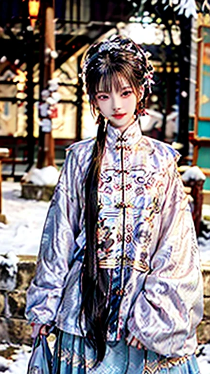 (1 girl, youthful gorgeous Chinese Lady,  brown_eyes, brown_hair, coat, cross_earrings, earrings, fur, fur trimmed_coat, fur_collar, fur_scarf, fur_trim, jewelry, winter_clothes, ancient China, Traditional Hanfu, Pink Hanfu, Hanfu,

Detailed Facial Features, dimples, Kind smile, Red lips, short hair, bob hair, cute ponytail, upper_body, extremely detailed eyes, extremely detailed face, beautiful detailed lips, long eyelashes, arms close together, ears out, golden ratio face, golden ratio body, perfect body anatomy, huge breasts, big breasts, natural pose, random pose, 

(SNOW:1.3),
outdoors,  snow flakes, snow, winter,
(best quality, 4K, 8k, highres, masterpiece:1.2), ultra-detailed, (realistic, photorealistic, photo-realistic:1.37), HDR, uhd, studio lighting, ultra-fine painting, sharp focus, physically-based rendering, extreme detail description, professional, vivid colors, award-winning, bokeh, SFW, Safe for Work)