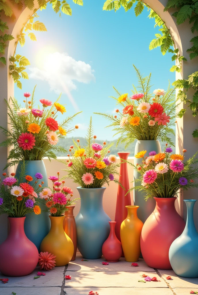 Different vases with bright sunny weather coverd by flowers