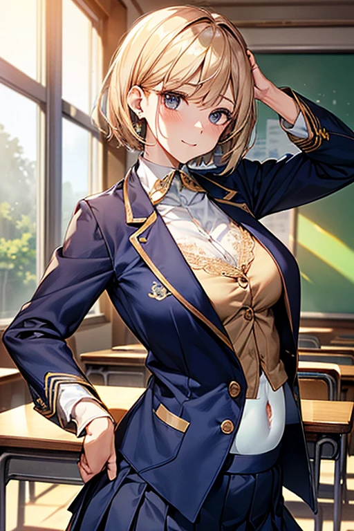 high quality, Hyper-realistic portraits。
(Big eyes、Gentle features、Natural smile)、((Asymmetrical Short Hair:1.8、light brown))、(Mid-chest)、Light skin tone、Healthy and smooth skin、((Navy Blue Blazer:1.8))、(White long sleeve blouse:1.4、Lace collar、Gold Button、School emblem on breast pocket、Navy and white checked pleated skirt:1.5)、Simple silver earrings、Slim wristwatch、 Black Loafers、((In the background is a classroom equipped with advanced digital screens..:1.3))。(Open clothes:1.6)、((Lift up your shirt:1.5)、(belly button:1.3)、(Total、Totalを表示:1.4)、
(Overnight stay:1.3)、(Spread your legs:1.3)、
(In the classroom、after school、indoor:1.3)、
(Backlight:1.3)、(Dutch Angle:1.3)、