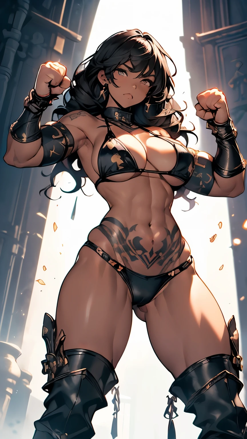 High quality, Ultra detailed, best quality, insanely detailed, beautiful, masterpiece
(Raise your hands high and clench your fists:2.0)、Muscle Pose、Powerful pose、Black wavy hair、Dark Elf、Sunburned skin、(Amazoness、Bodybuilder、Huge muscles、Large)、((Huge breasts:1.5)、(small string bikini:1.3)、(Underboob、Sideboob、Cleavage、Camel toe)、(Abdominal muscles、Pectoralis major、Muscular々、strong、Thick arms、Massive)、(Wide Hips、Thick thighs、Are fat、glamorous))、((Giant gauntlet:1.5)、(Knee-high boots:1.5))、NSFW、(Black collar、Black handcuffs)、(((Big shiny tattoo on crotch、Big shiny tattoo on belly、Big tattoo on shoulder、Glowing tattoos all over the body)))、Fighting Pose