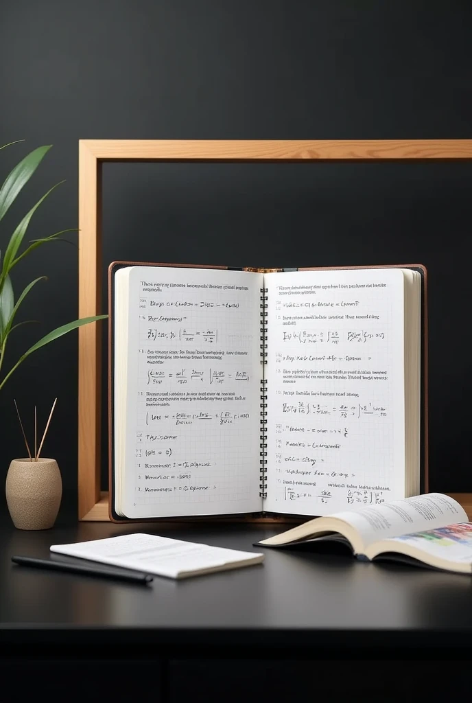 A notebook with 15 exercises of logarithmic equations with procedure. The notebook will be placed on a black table and will have a large frame.