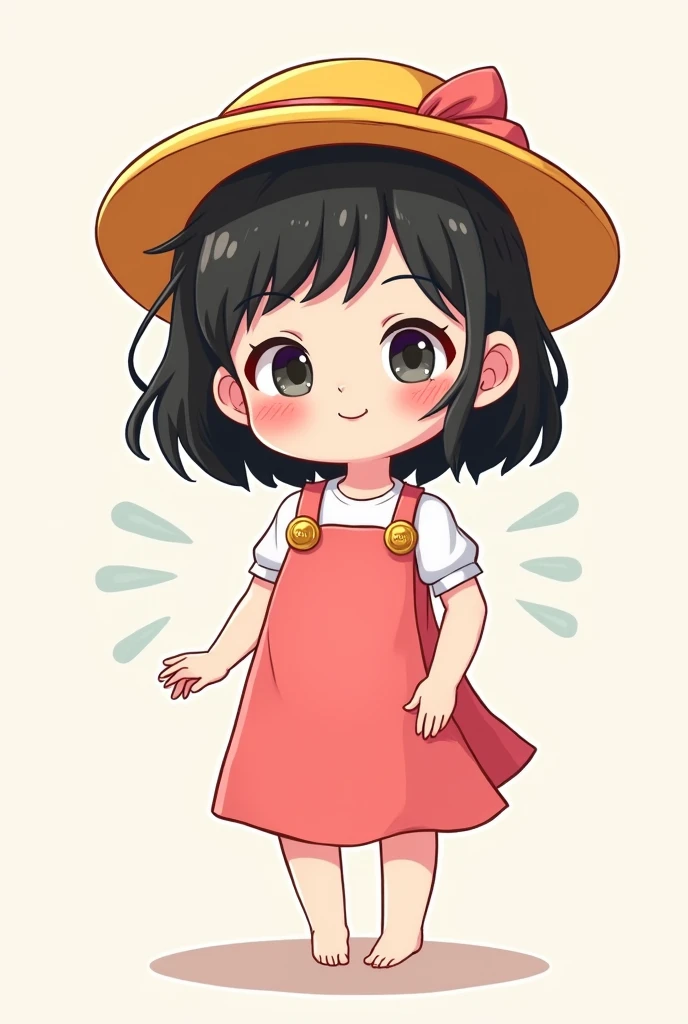 Photo Drawing of a Vietnamese girl in chibi cartoon style, cute, Te Ha My, pink dress, 2 straps, white skin, black hair, yellow hat, red cheeks, 3 diagonal lines, a little taller