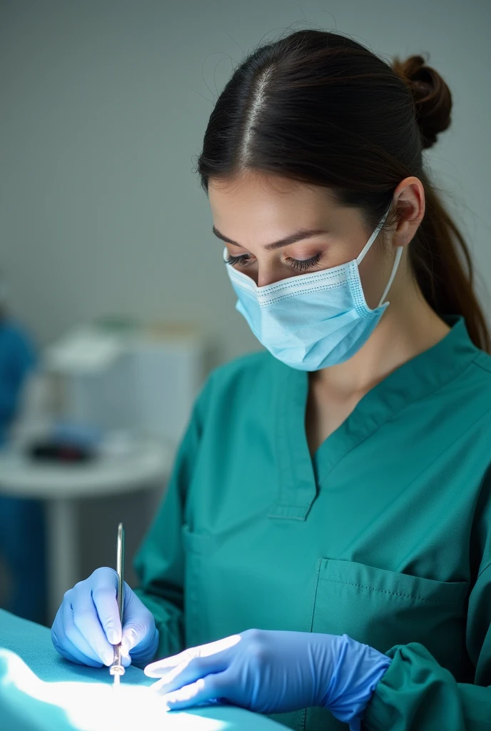 A female doctor with dark brown hair and eyes dressed in surgical scrubs and a mask, holding a scalpel, looking focused at the patient
