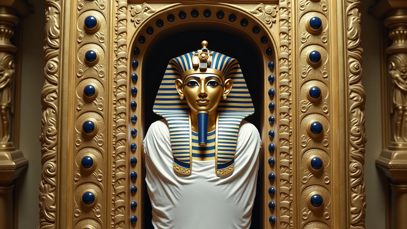 A captivating cinematic image of the magnificent mummy of Pharaoh Tutankhamun emerging from a beautifully carved, golden sarcophagus. The mummy is meticulously wrapped in pristine white linen, and the intricate design of the sarcophagus is adorned with stunning gold and sapphire amulets, each representing a different ancient Egyptian god and offering protection to the pharaoh on his journey to the afterlife. The grandeur and architecture of the sarcophagus emphasize Tutankhamun's divine status within Egyptian culture and beliefs. This breathtaking photograph perfectly combines photography, architecture, and cinematography to create an awe-inspiring scene., cinematic, photo, architecture