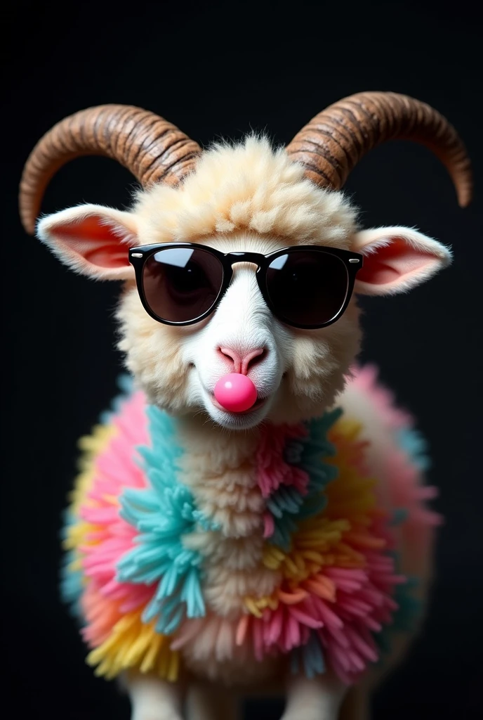 Create a picture of a sheep with colorful fluffy fur, to chew gum, that does not have horns, wear dark mirrored glasses on a black background and be smiling AND ALL AROUND HAVE THE NAMES OF GOD
