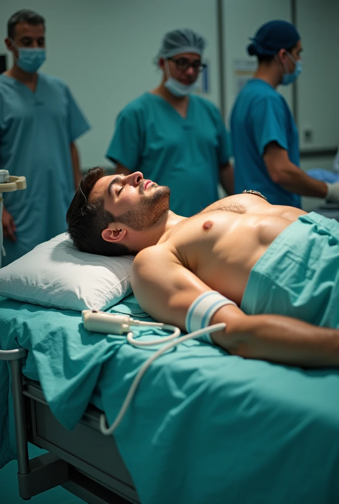 Shirtless muscular 20 year old man wearing long pants and nasal cannula lying flat on operating table in operating room, strapped down IV line attached to arm. Unconscious, eyes closed. Photo taken from side. Nurses in background