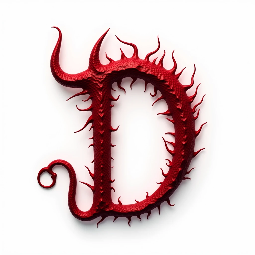 a sexual striking red letter D with demon horns and a tail, creating an impression of sexuality and power. White background. High-resolution.