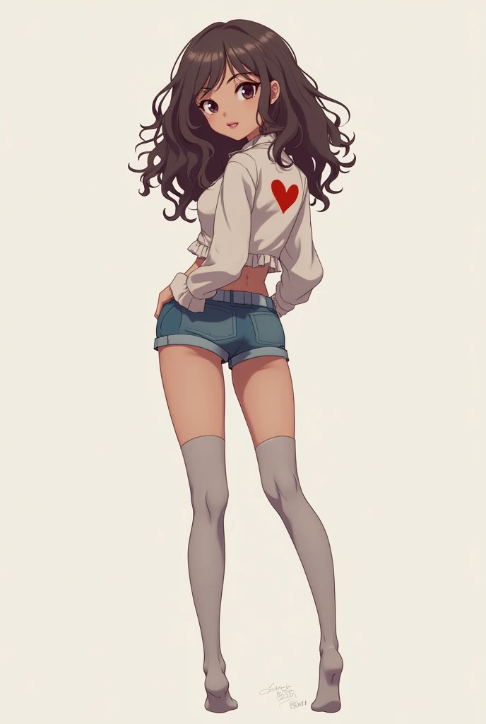 A young, short, white-skinned girl with long curly hair , with small thighs and very small chest, slim with legs open wearing a blue mini mini skirt, a small blouse reaching to the navel, sleeveless and with a large neckline,knee high stockings, without very shiny skin, The blouse has a heart print on the back.