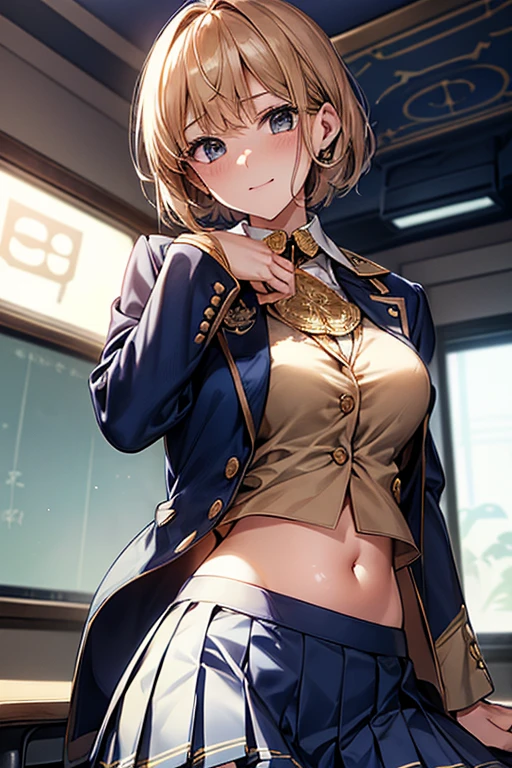 High-quality, ultra-realistic portraits。
(Big eyes、Gentle features、Natural smile)、((Asymmetrical shorthair:1.8、light brown))、(Medium breast)、Light Skin Tone、Healthy and smooth skin、((Navy blue blazer:1.8))、(White long sleeve blouse:1.4、Lace trim on collar、Gold Button、School emblem on breast pocket、Navy and white checkered pleated skirt:1.5)、Simple silver earrings、Slim wristwatch、 Black Loafers、((In the background is a classroom with advanced digital screens.:1.3))。(Open clothes:1.4)、(Lifting her shirt to show her nipples、areola only:1.4)、(Belly button:1.3)、(share、shareを表示:1.4)、
(Sleeping on board:1.3)、(Leg spread:1.3)、
（In the classroom、after school、indoor：1.3）、
(Backlight:1.3)、(Dutch Angle:1.3)、