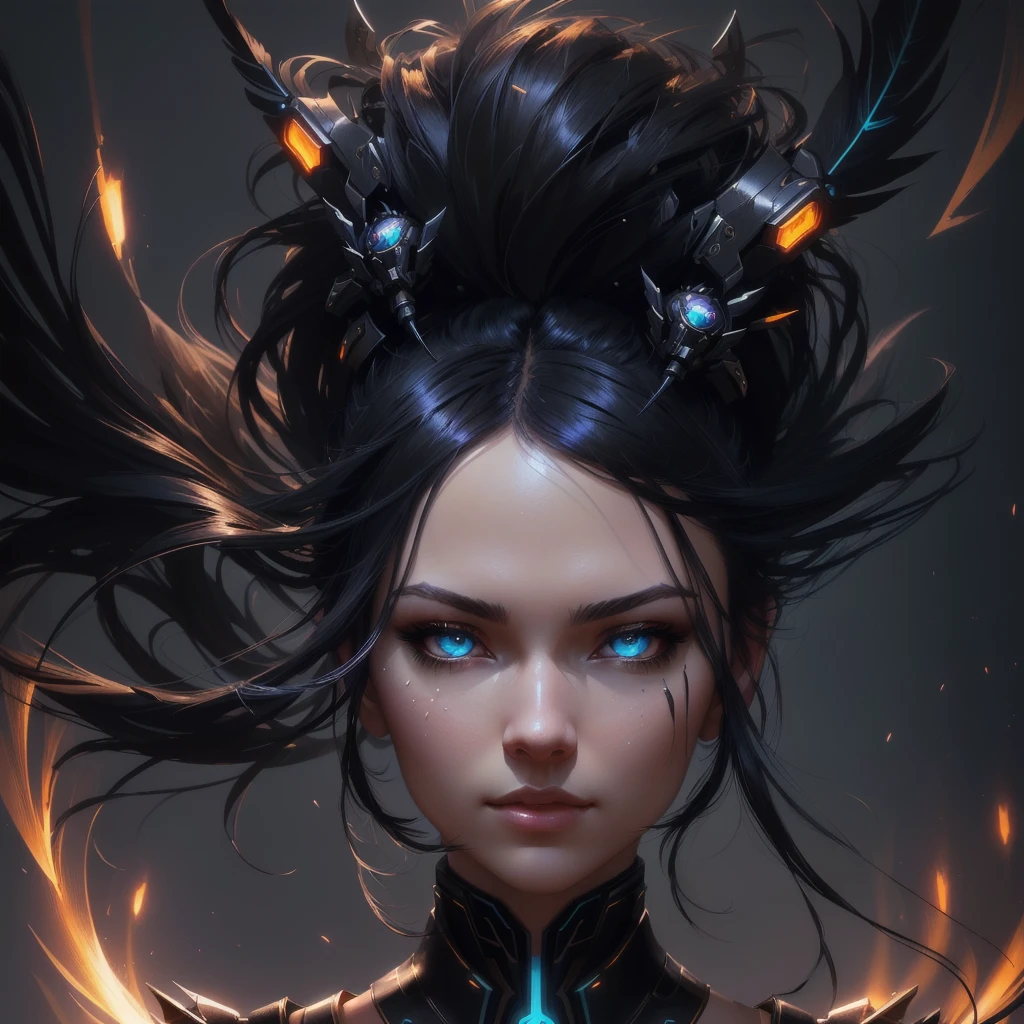 raven style hairs, Mechanical raven head with hairs, sci-fi, a close up of a woman - sci-FI queen of the raven with a sci fiorer on her face, Mechanical raven IN HAIRS, glowing light feathers in hairs, fiol glowing eyes, hd , cinematic, cinematic light, dinamic, rossdraws portrait, fantasy concept art portrait, wojtek fus, rossdraws 2. 0, rossdraws 1. 0, rossdraws digital painting, epic fantasy digital art style, cgsociety portrait, rossdraws global illumination, :: rossdraws, alexandra fomina artstation

