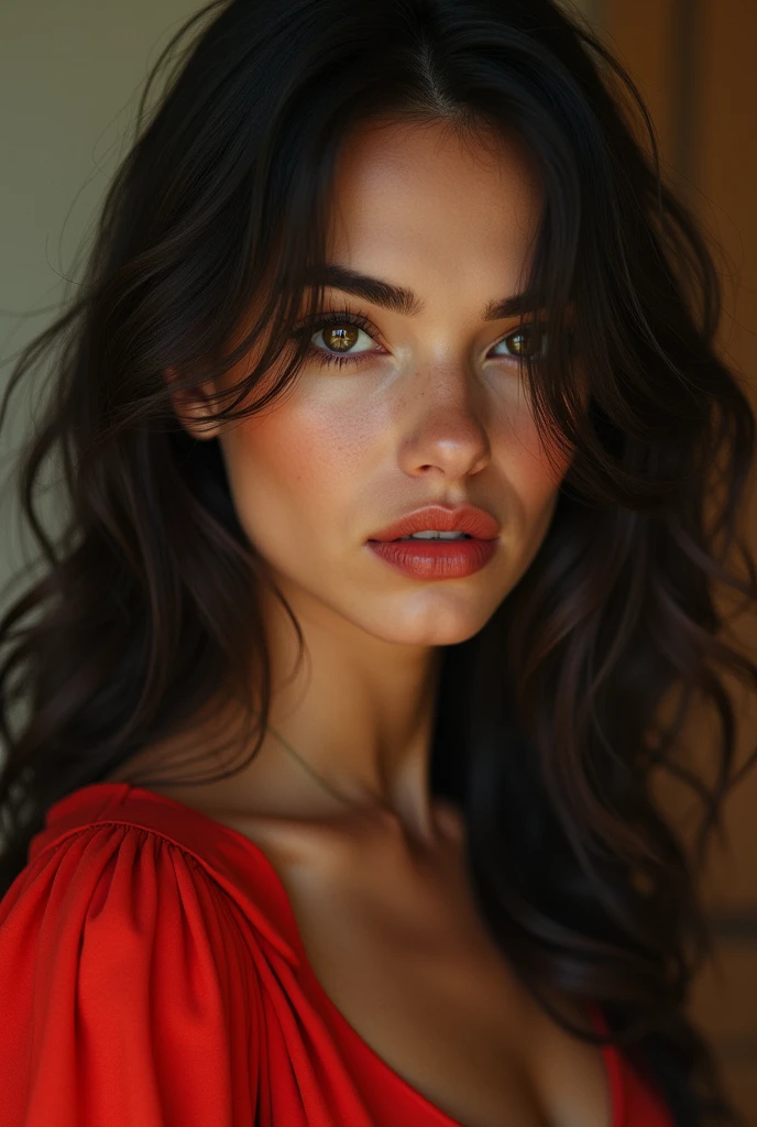 one looking forward with very dark brown hair, striking and brown look, slim, plump and tanned mouth. her outfit is a red dress, round face and no lipstick
