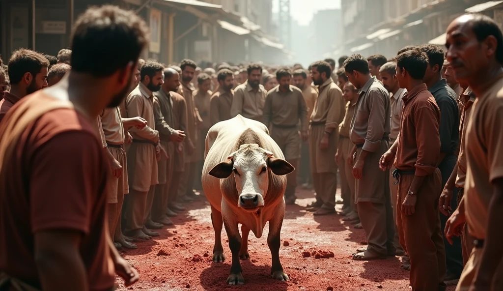 Image: A scene of a cow being slaughtered in the middle of a crowd of people, some of whom are hesitant and others are following the matter.