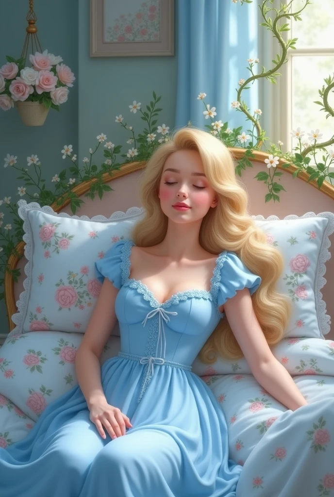 Disney cinderella wearing a light blue nughtgown in a floral bed. Her bedroom is in a cottage has floral walpaper and is styled like laura ashley.