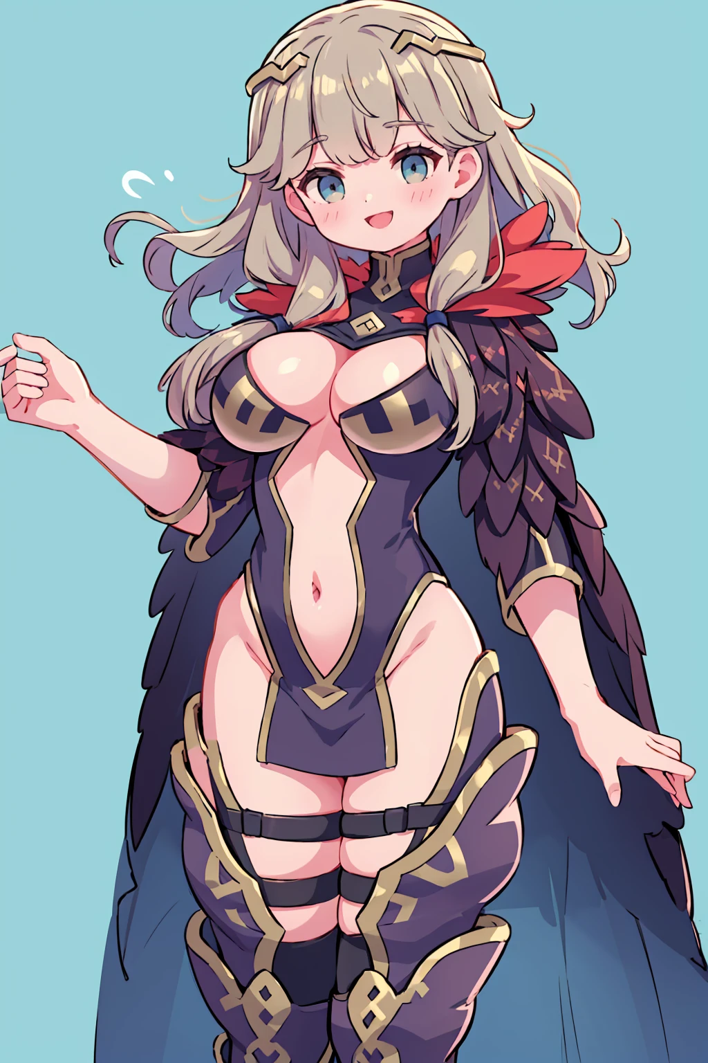 masterpiece, best quality, ultra-detailed, faye, harrieroutfit, smiling, solo, 8k resolution, gorgeous, hourglass figure, close-up, absurdres, cowboy shot, hazel eyes, happy, 2legs, thick thighs, wide hips, huge breasts, flat blue background, pelvic curtain, 1girl