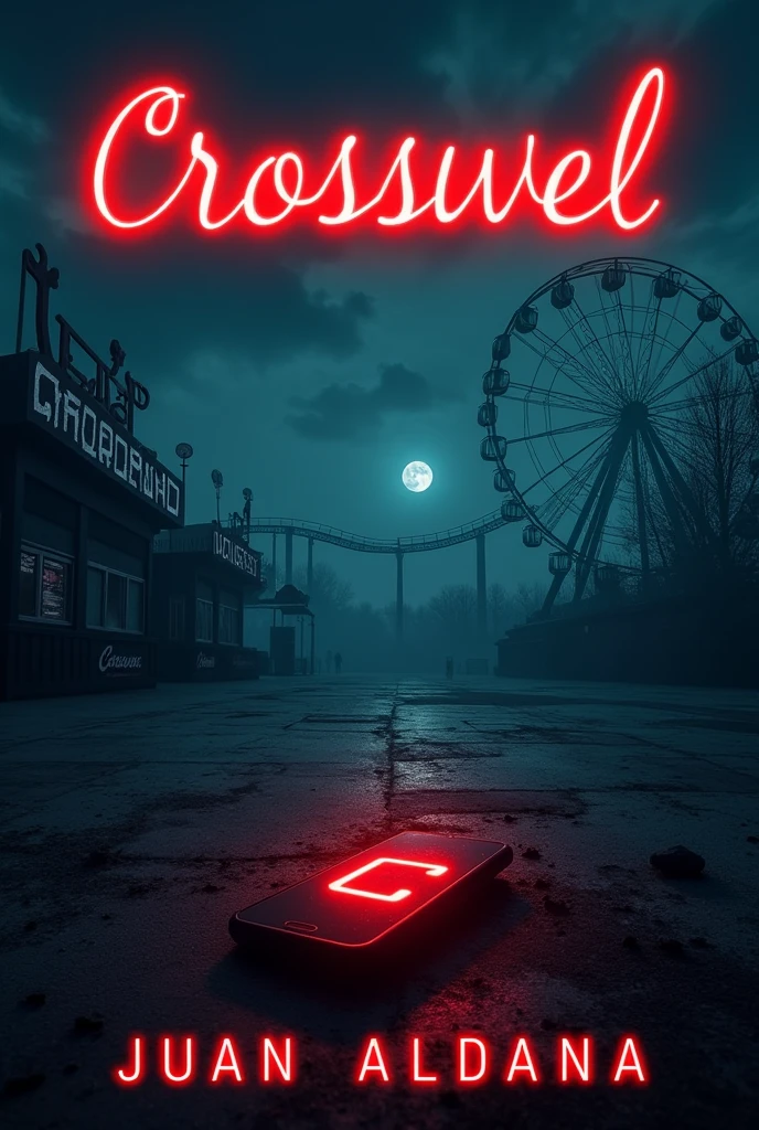 A book cover.
It will be an abandoned amusement park with a Ferris wheel, a roller coaster and some amusement stands in the background, The atmosphere will be dark and gloomy.
On the ground you will find a phone lying on the ground. It will be turned on and will show the logo of an application that consists of a letter C in red block letters..
At the top of the cover will be the name of the book that is: Crosswel. It will be written in neon red letters and in cursive..
At the bottom will be the title of the author who is: Juan Aldana. Written with the same letters as the title.