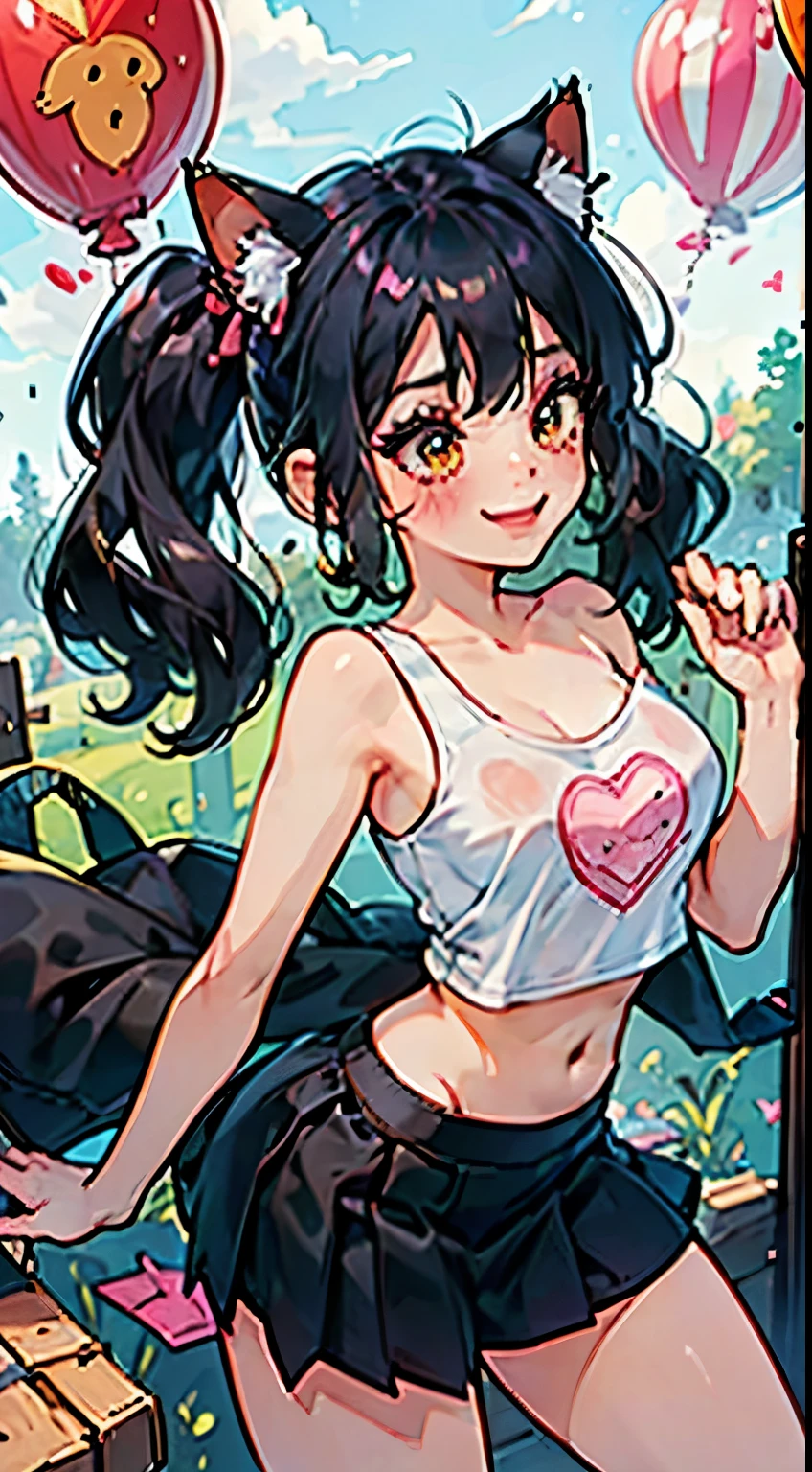 junkotvv cat girl Large breasts，Lop，sporty attire，brassier，clavicle，navel，，a skirt，Smiling, sweetheart, chubbiness  :1.2)(Clean the skin)(Happy)][(clothes inspired by &cite;Minnie&cite;) , KIDS ILLUSTRATION , clean backdrop]